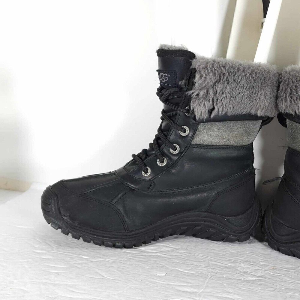 UGG Women's Adirondack Il US7 Black Leather Sheepskin Lace Up Winter Boots - Picture 6 of 12